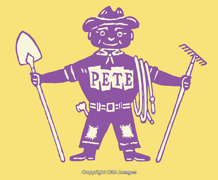 Colorful Cartoon Farmer Illustration with Tools on Yellow Background