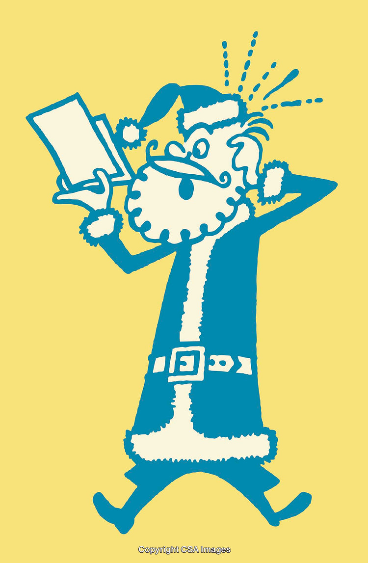 Colorful Santa Illustration Reacting to a Letter in Stylized Cartoon Design