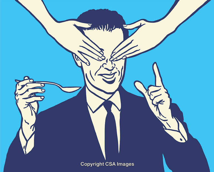 Surreal Illustration of a Man Interacting with Floating Hands