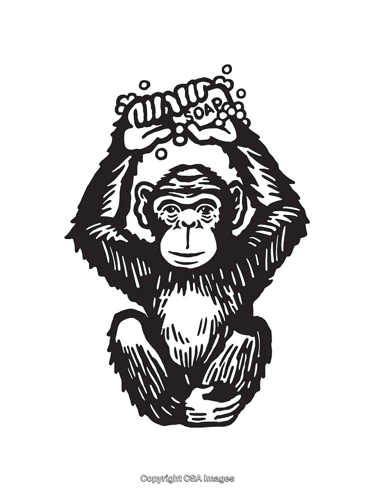 Black and White Artwork of Monkey Holding a Soap Bar with Bubbles