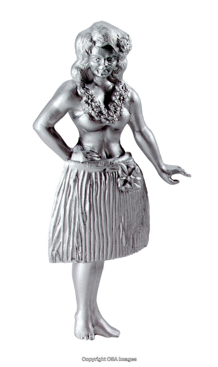 Silver Figurine of a Hula Dancer Wearing a Floral Lei and Skirt