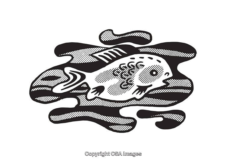 Black and White Line Art of Fish and Abstract Background