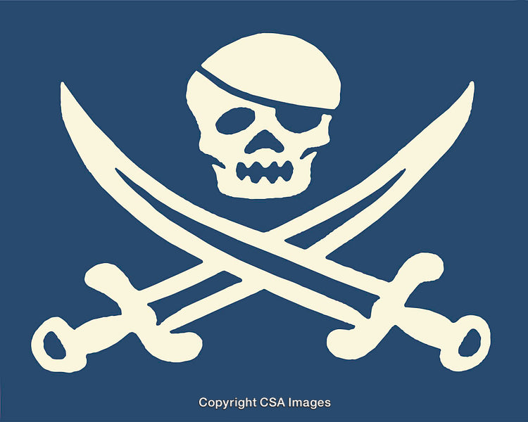 Skull and Crossed Sabers Pirate Symbol on a Blue Background