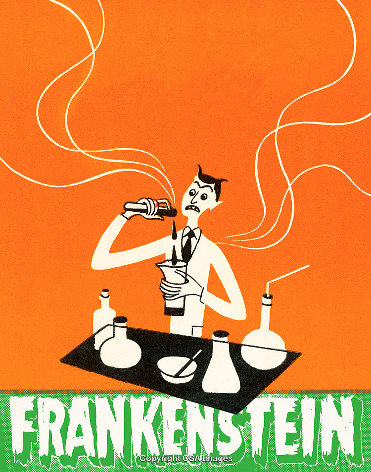 Illustrated Scientist Conducting Experiment with Laboratory Glassware on Orange Background