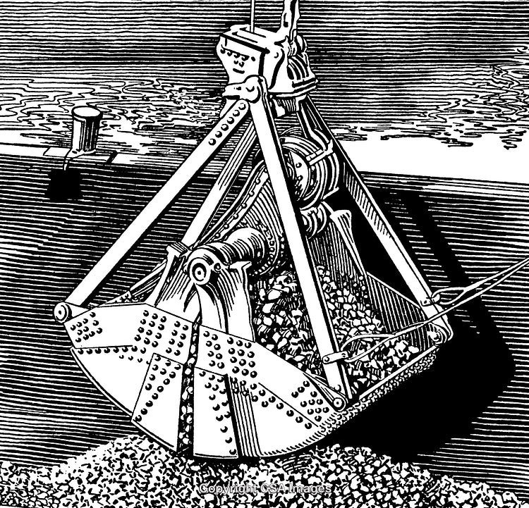 Detailed Black and White Engraving of Industrial Bucket at Work
