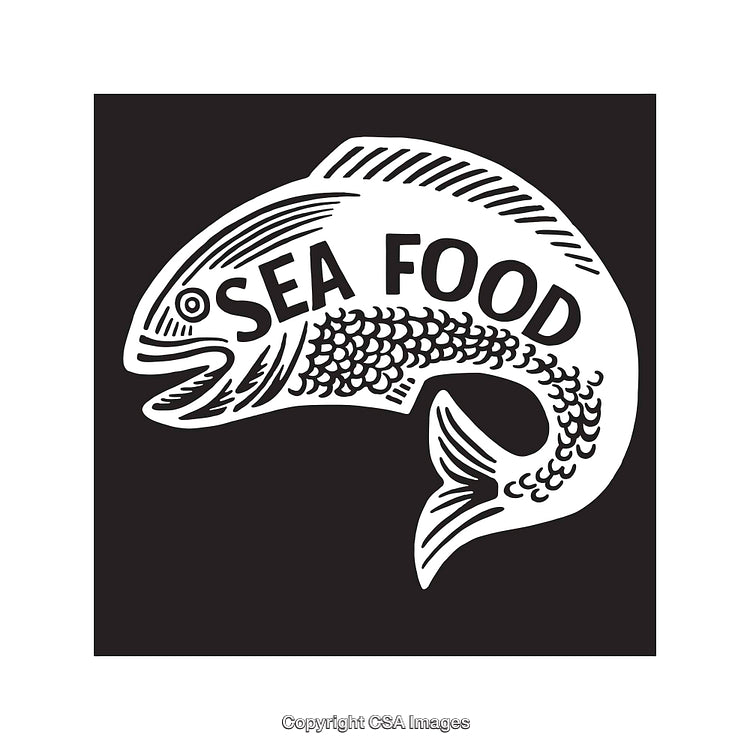 Black and White Seafood Illustration Featuring a Stylized Fish Design