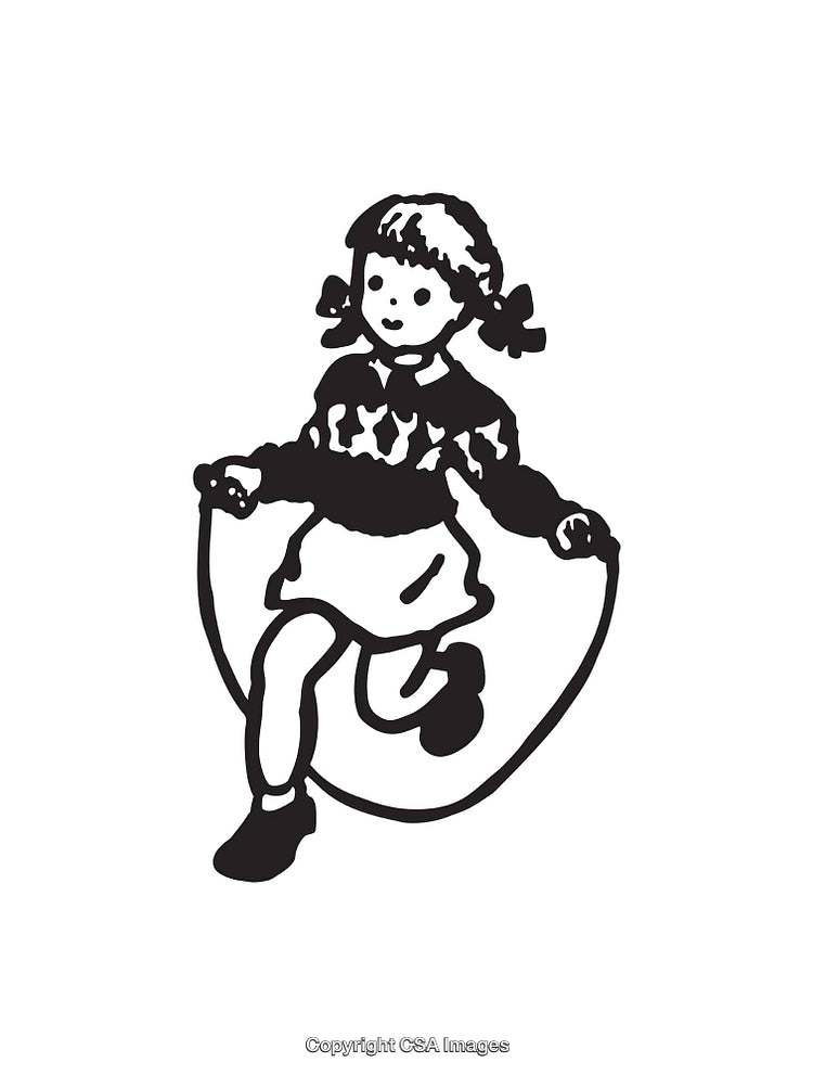Black and White Line Art of Girl Jumping Rope Outdoors