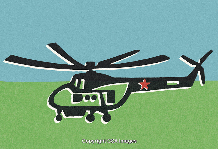 Illustration of a Helicopter with a Red Star in Minimal Graphic Design Style