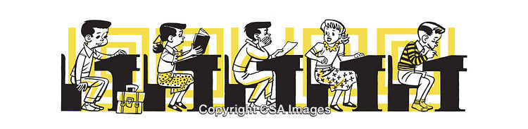 Illustrated Classroom Scene with Students Sitting at Desks in Retro Style