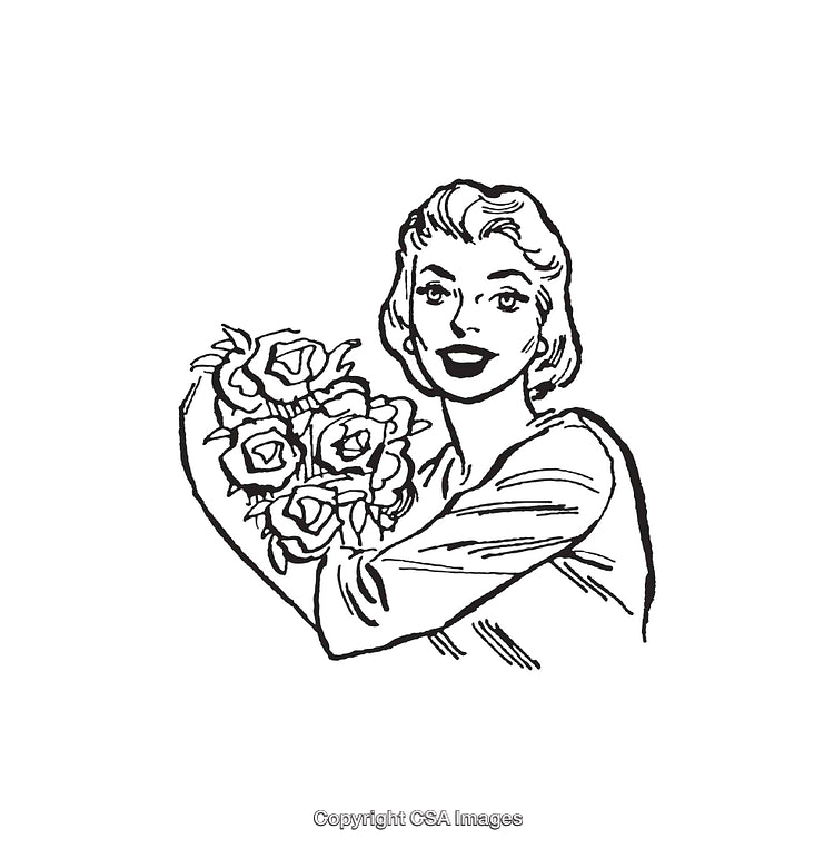 Vintage Line Art of Woman Holding Bouquet of Roses with Joyful Expression