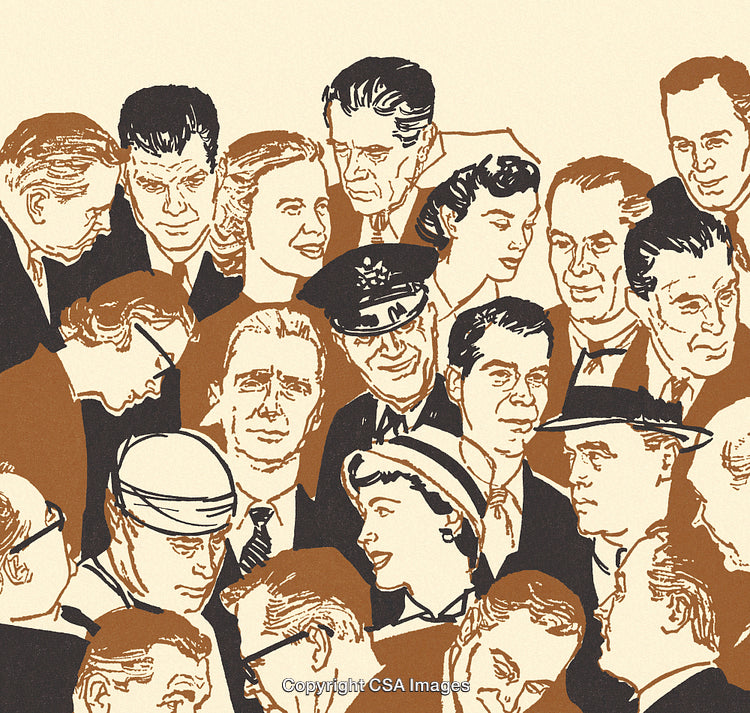 Illustration Featuring a Crowd of Retro-Styled People in Various Expressions