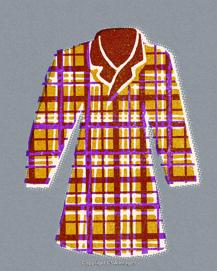 Stylized Illustration of Tartan Coat in Yellow and Purple Colors