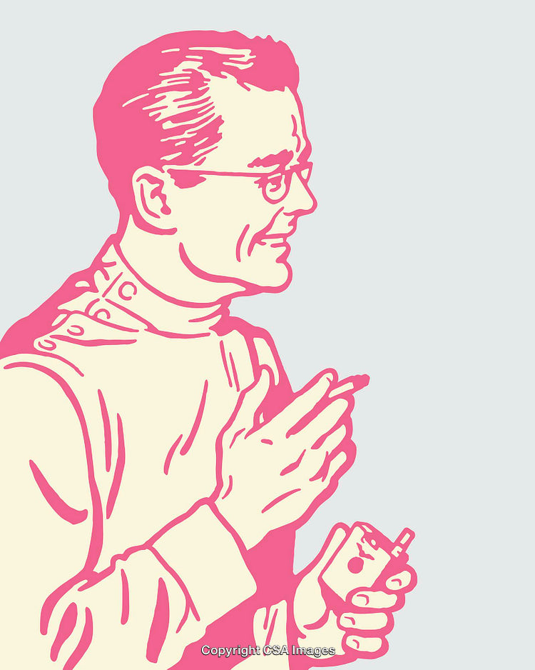 Retro Colored Vector of Smiling Man with Glasses Holding Device