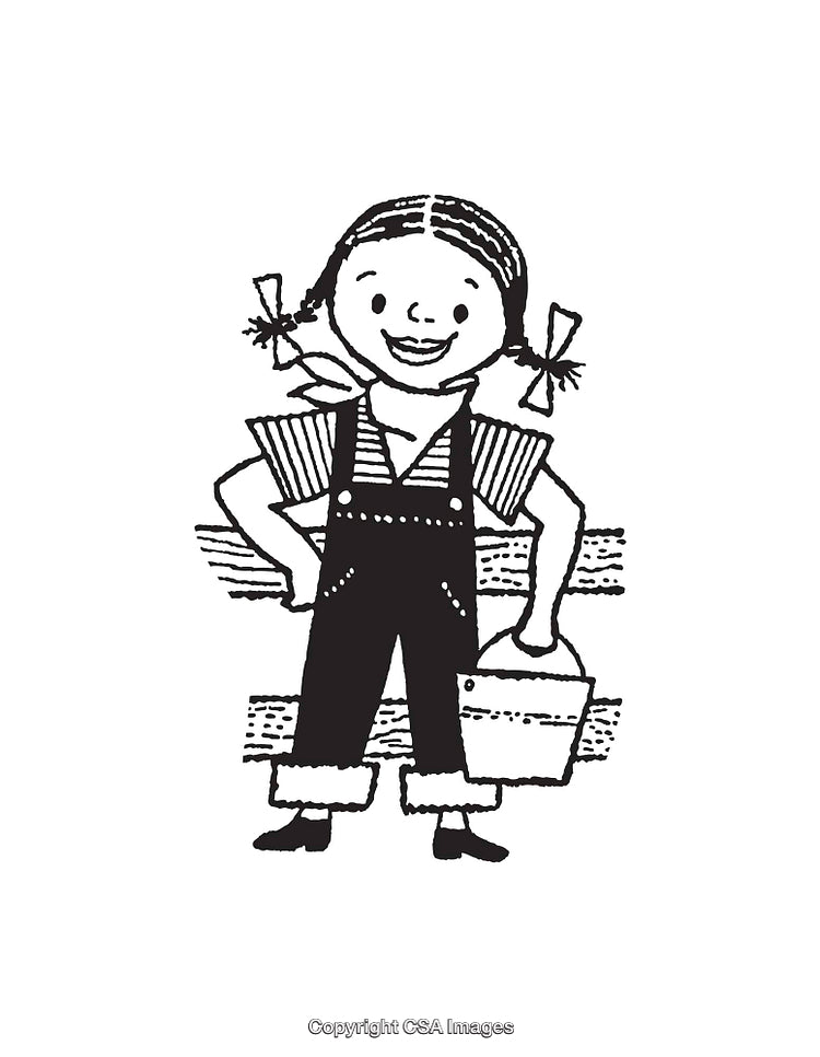 Whimsical Illustration of a Smiling Girl Standing with a Bucket