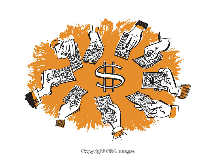 Illustration of Hands Exchanging Money with a Central Dollar Symbol