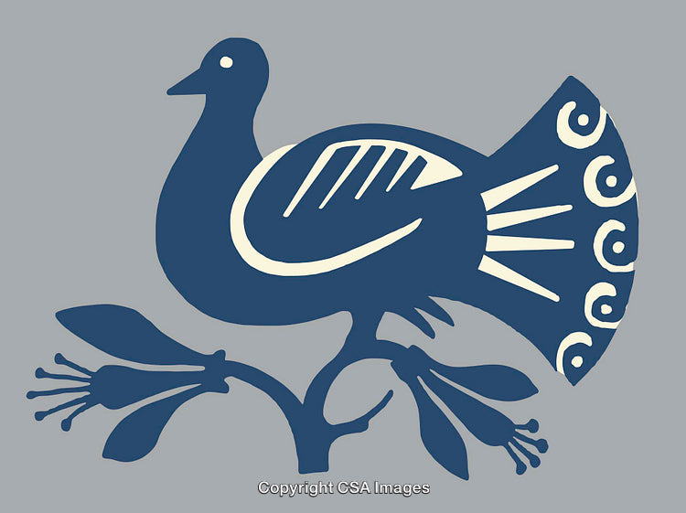 Blue Stylized Bird on Flowery Branch in Artistic Illustration Style