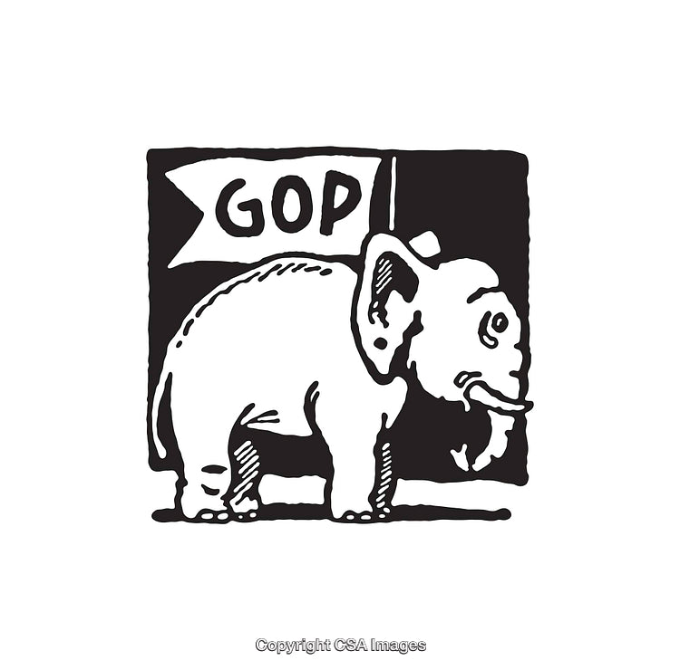Black and White Line Art Illustration of Elephant with GOP Flag