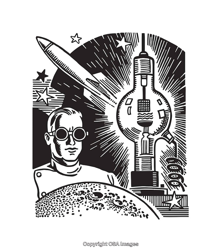 Retro Science and Technology Illustration with Scientist and Space Elements