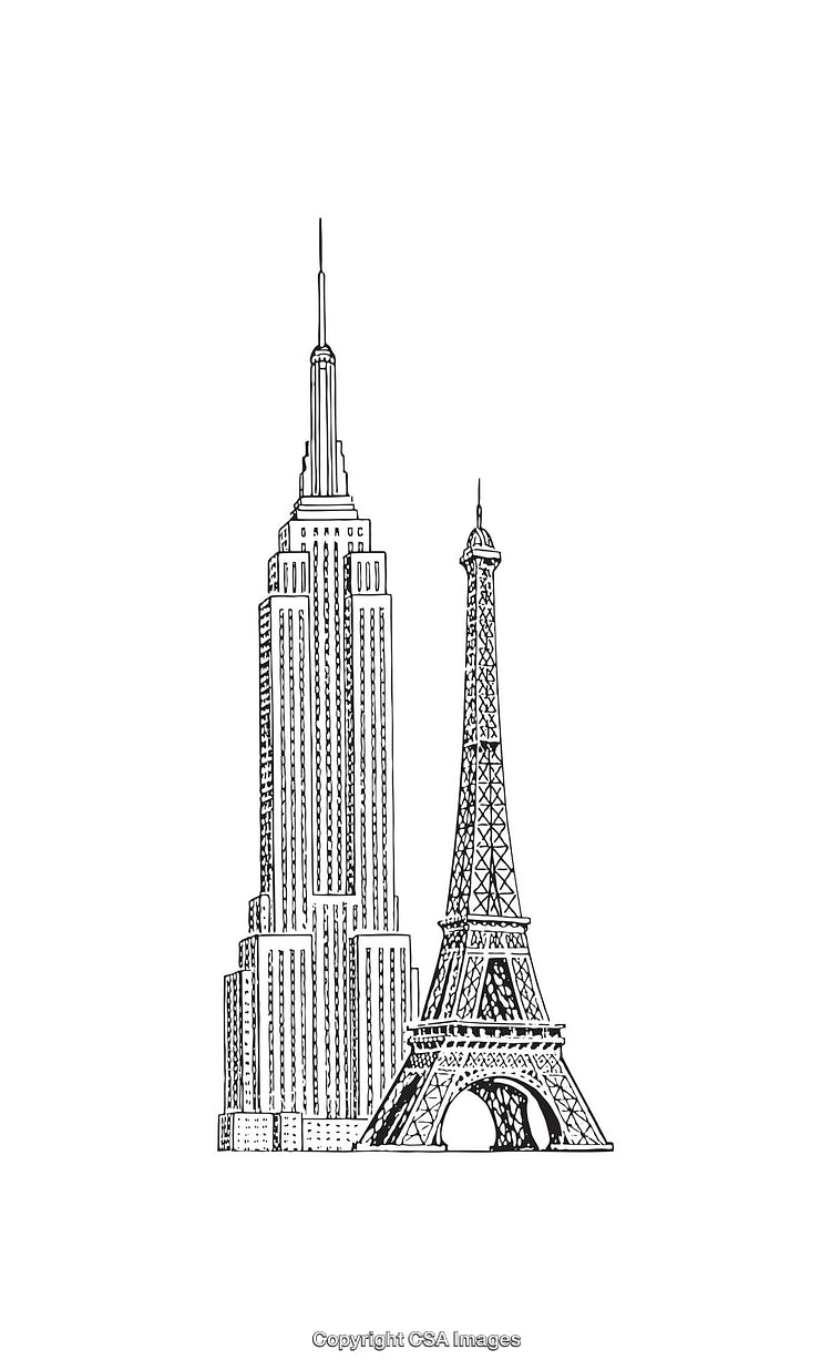 Line Art of Empire State Building and Eiffel Tower in Black and White