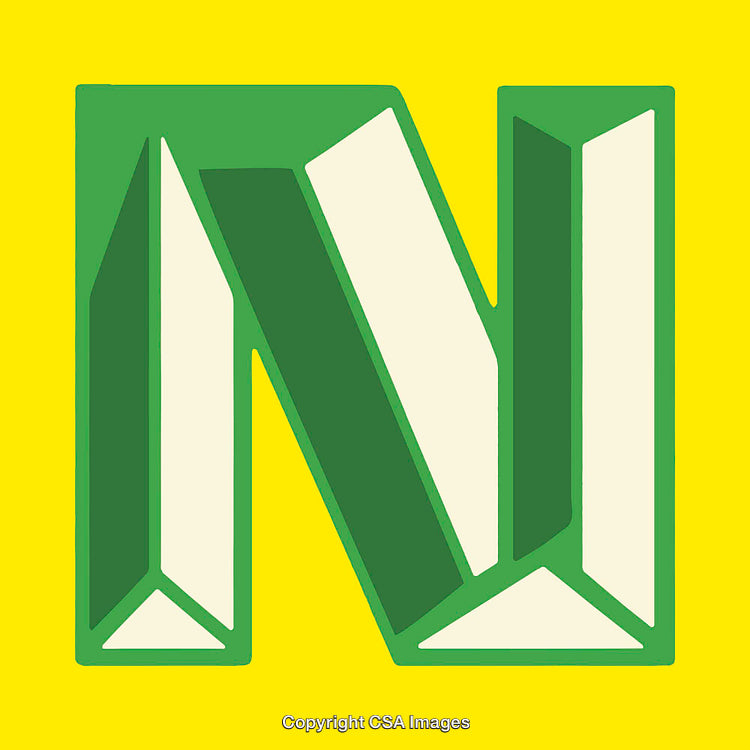 Geometric Green Letter N on Bright Yellow Background Artwork
