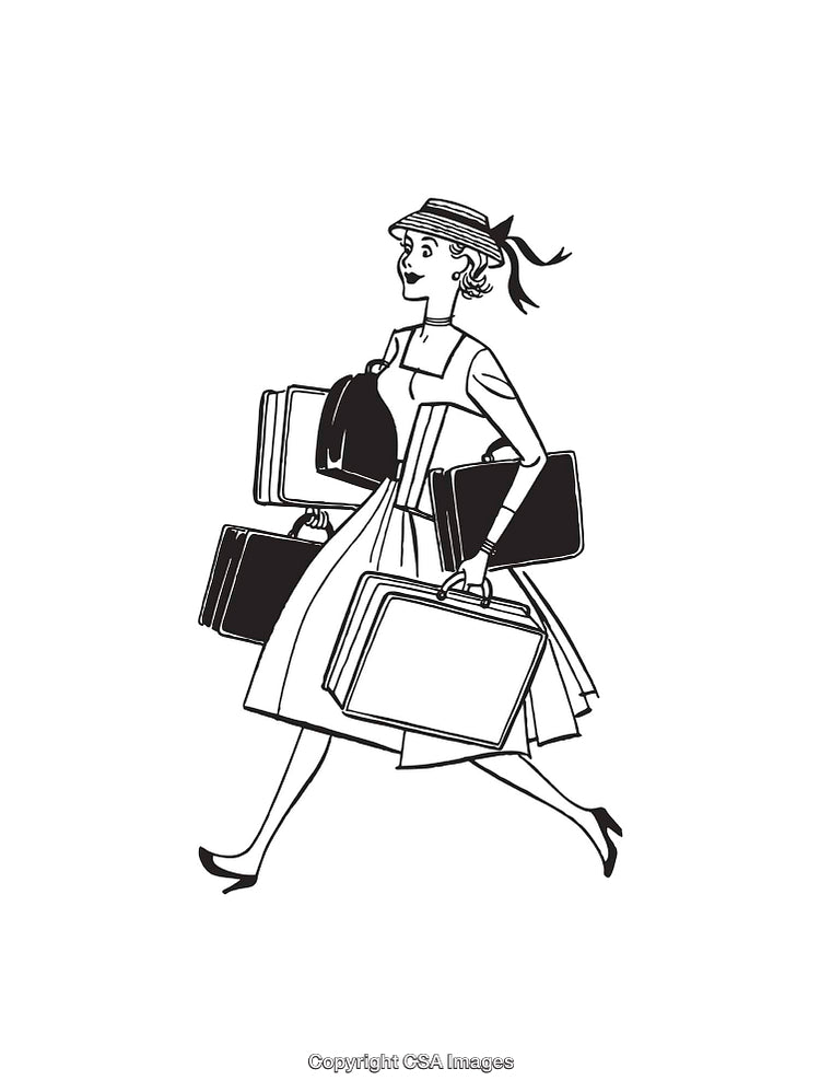 Stylish Woman Carrying Suitcases in a Retro Black and White Line Art