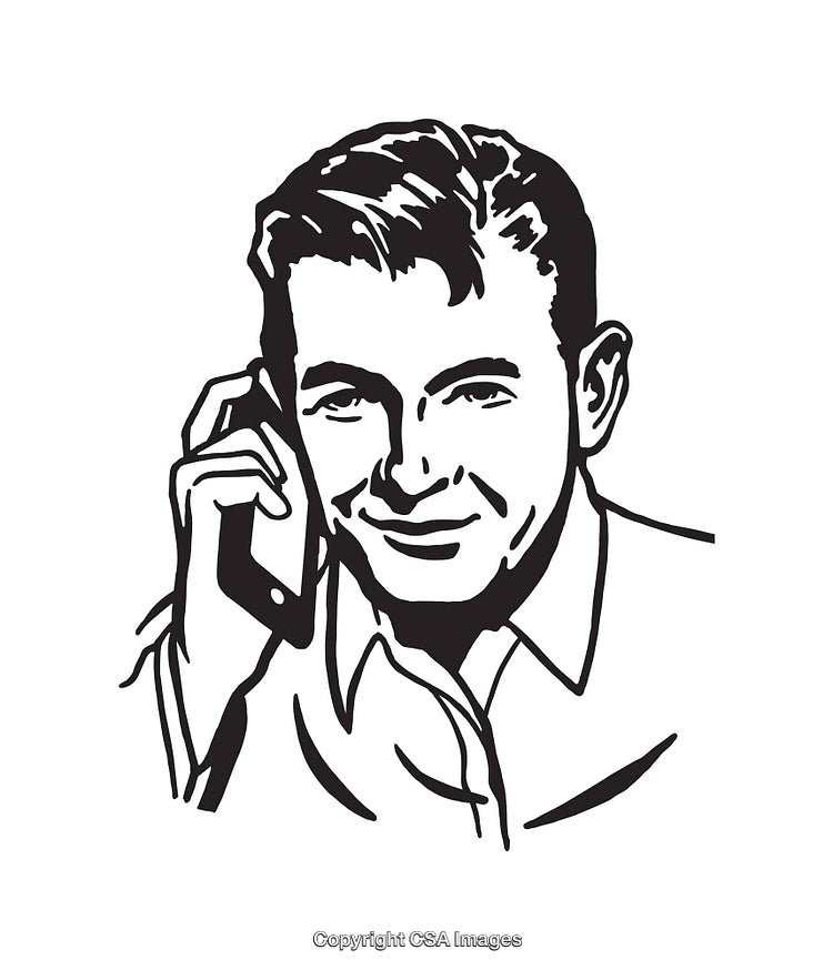 Black and White Illustration of a Man Talking on a Smartphone