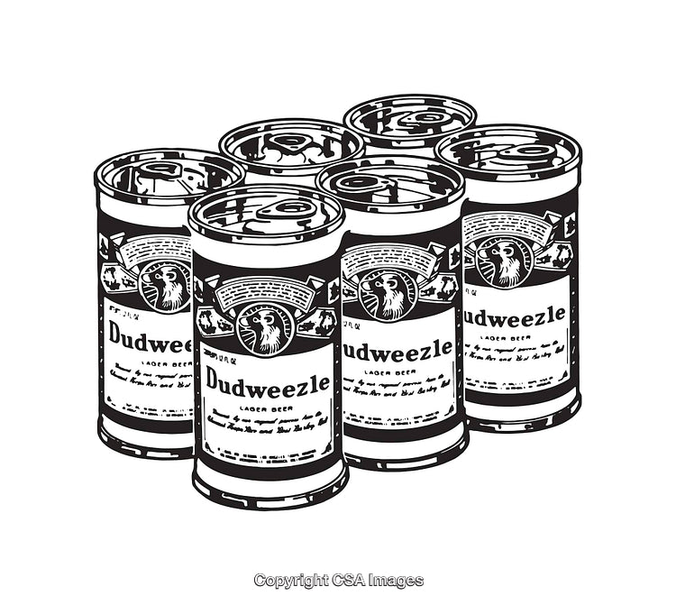 Black and White Line Art of Six Lager Beer Cans in Detail