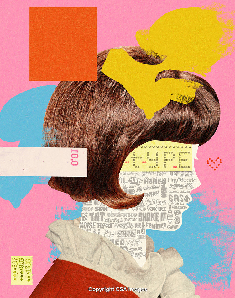 Colorful Collage Featuring Surreal Portrait with Graphic Typography
