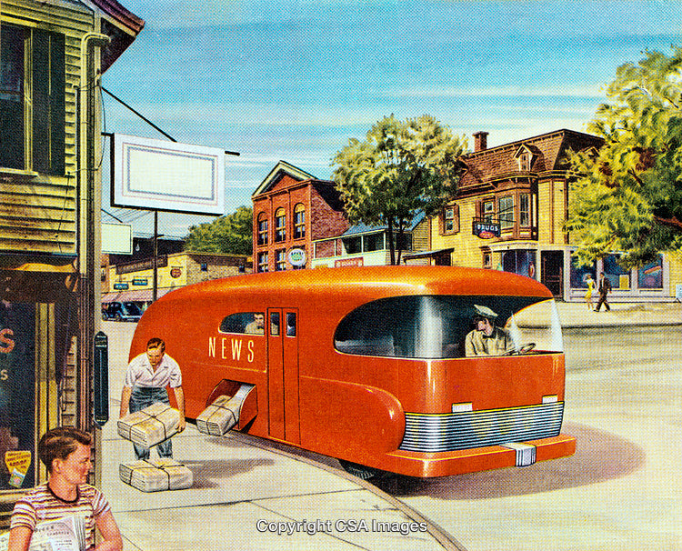 Retro Futuristic News Delivery Scene in Vibrant Urban Setting