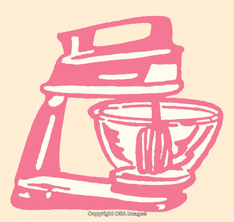Vintage Pink Kitchen Mixer Illustration in Retro Line Art Style