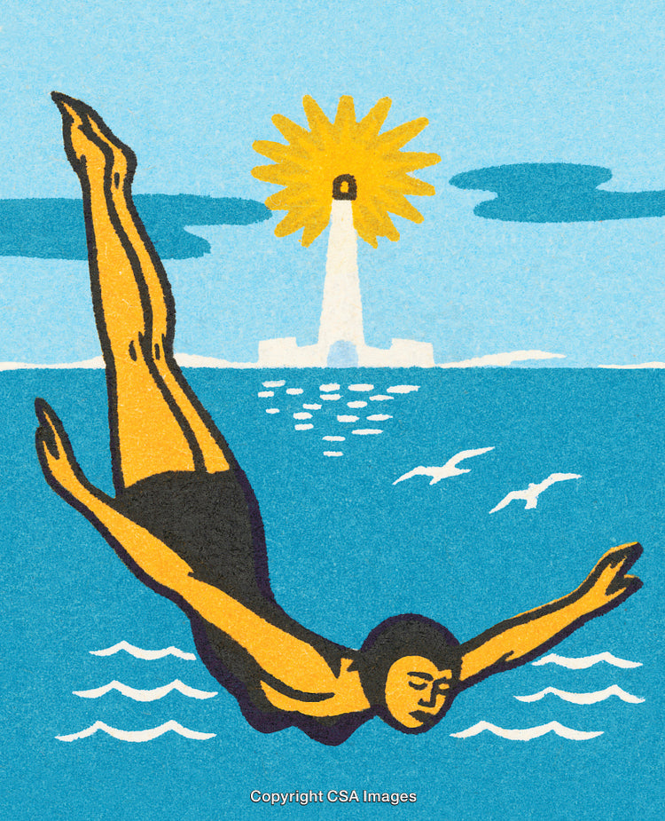Retro Illustration of a Diver at Sea Near a Lighthouse