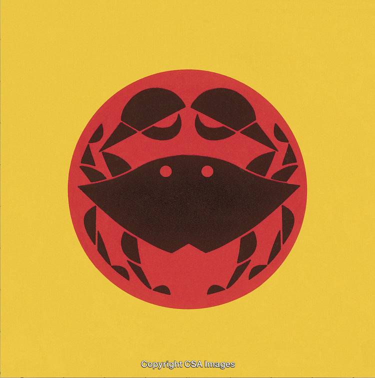 Minimalist Illustration of a Crab in Red and Yellow with Geometric Design