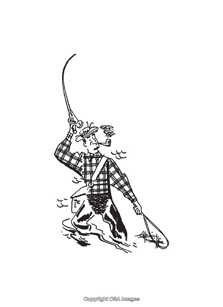 Humorous Illustration of a Man Fly Fishing in Shallow Water