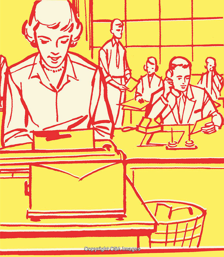 Vintage Line Art of an Office Workplace Scene