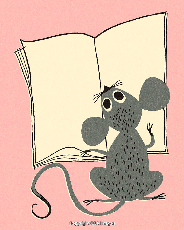 Illustration of Cartoon Mouse Reading a Book on Pink Background