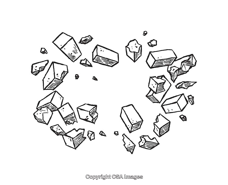Stylized Black and White Line Art Depicting Scattered Debris Fragments