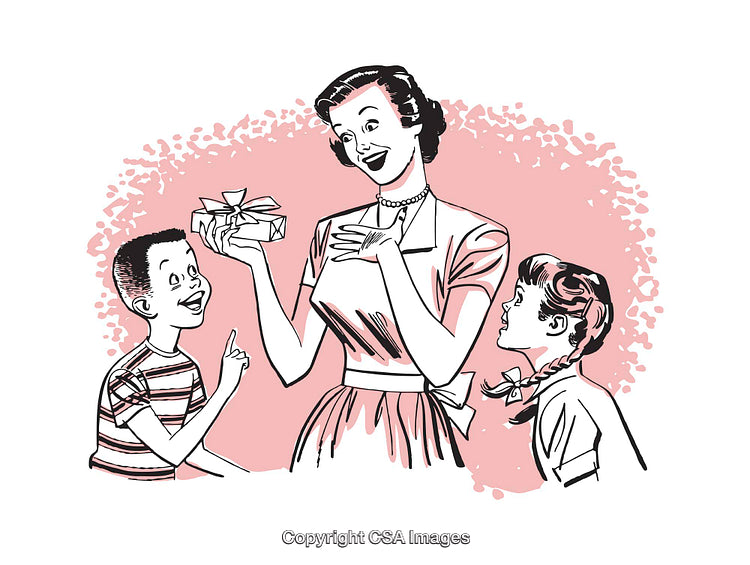 Mother Receiving Gift From Happy Children in Retro Illustration Style