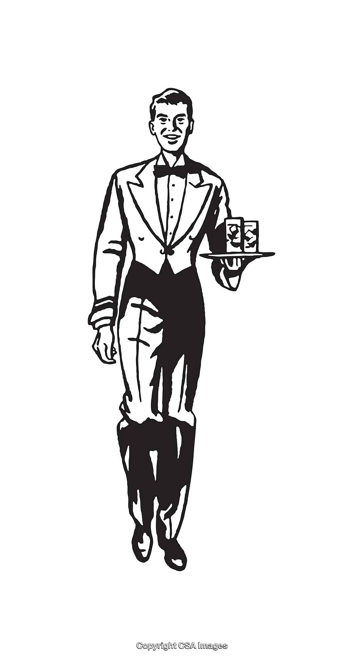 Vintage Illustration of a Waiter Carrying a Tray with Drinks