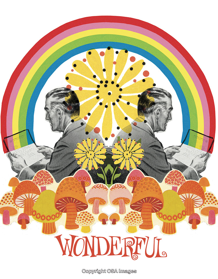 Colorful Vintage Collage With Mushrooms, Rainbow, and Mirrored Figures