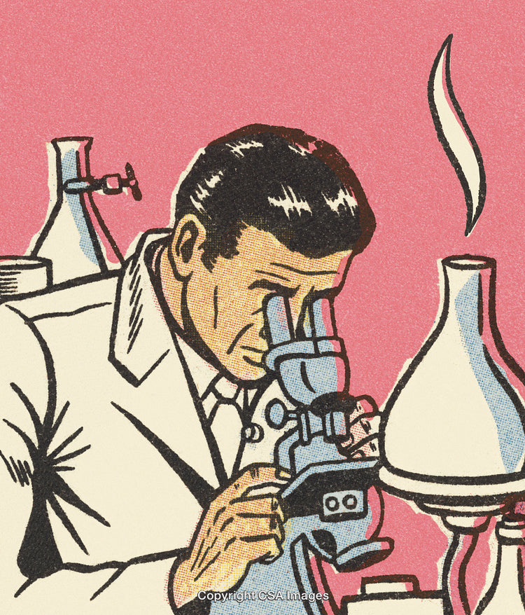 Scientific Researcher Using Microscope in Laboratory with Retro Comic Style