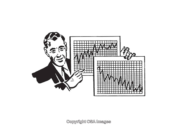 Vintage Line Art Illustration of a Businessman Showing Graph Data