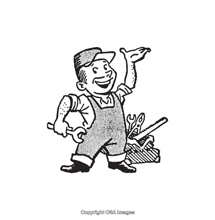 Vintage Handyman Illustration with Tools in Black and White Line Art