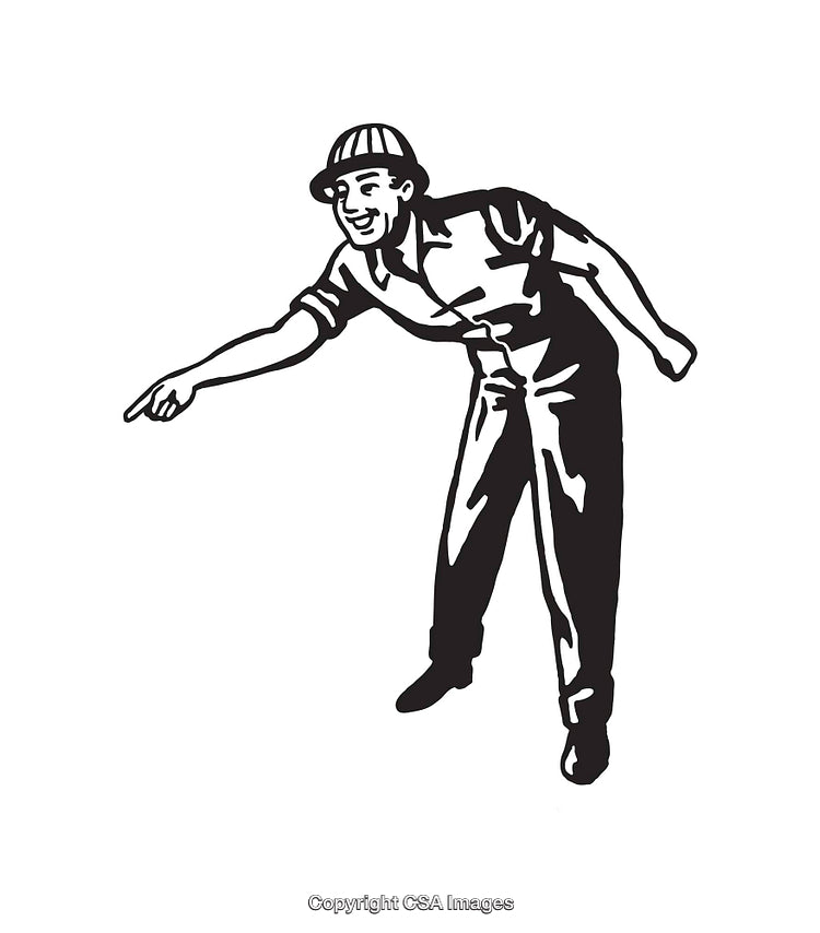 Black and White Line Art Illustration of a Cheerful Pointing Worker