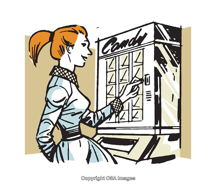 Retro Illustration of Woman Using Candy Vending Machine