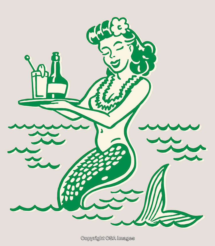 Retro Mermaid Illustration Serving Drinks in Art Deco Style