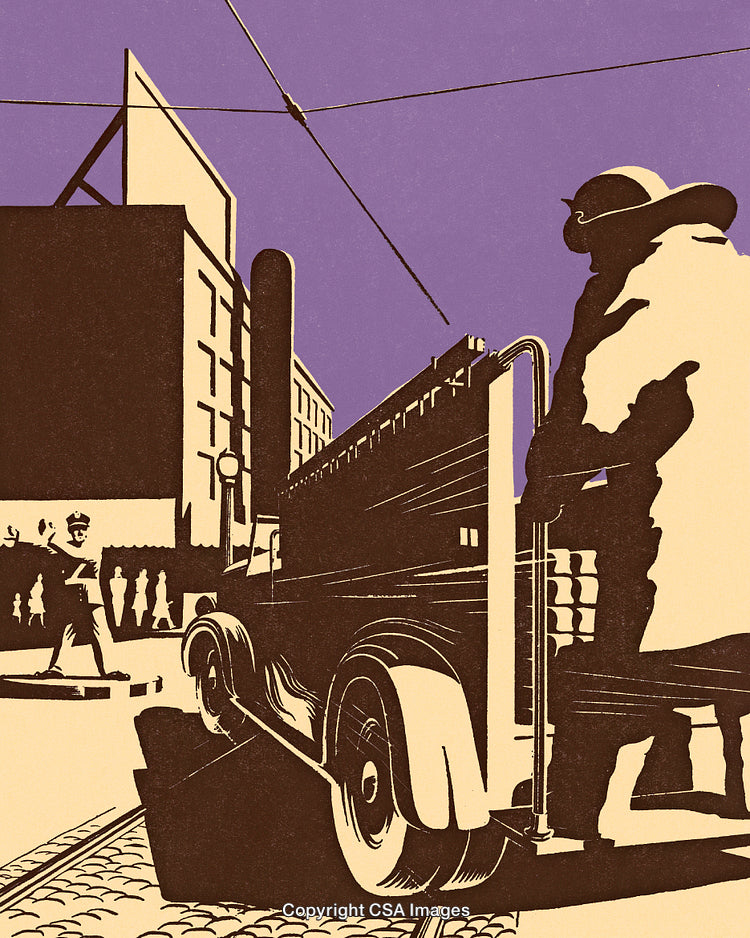 Retro Urban Scene with Public Transport and Pedestrians in Bold Style