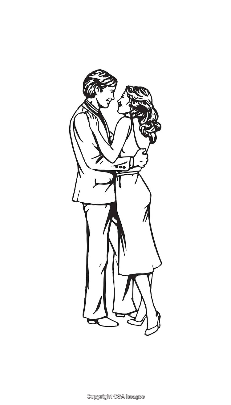 Elegant Retro Couple Embracing in Black and White Line Art Illustration