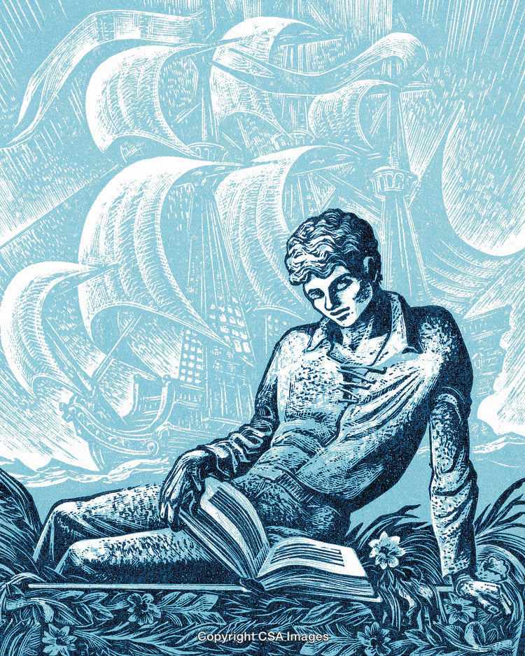 Vintage Artwork Depicting Man Reading with Nautical Dreamlike Background