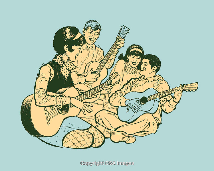 Group of Friends Playing Guitars and Singing Together, Retro Style