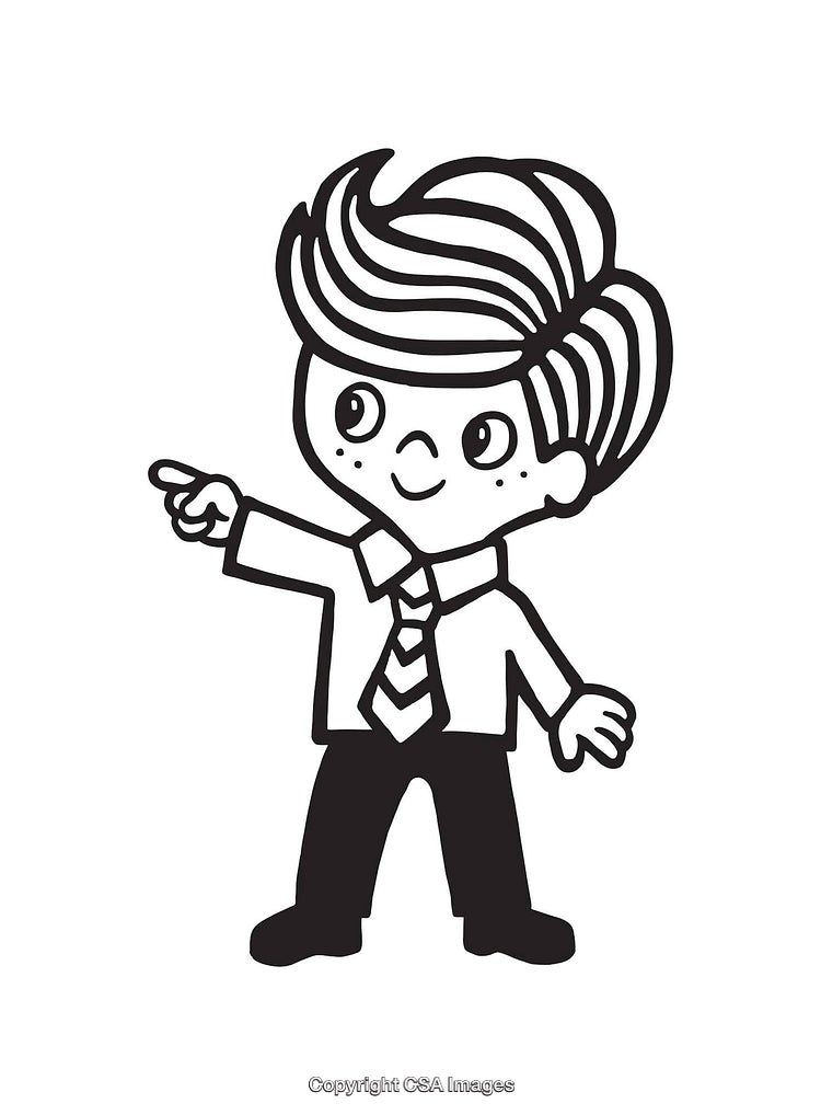 Cartoon Boy Pointing in Stylish Outfit Black and White Line Art